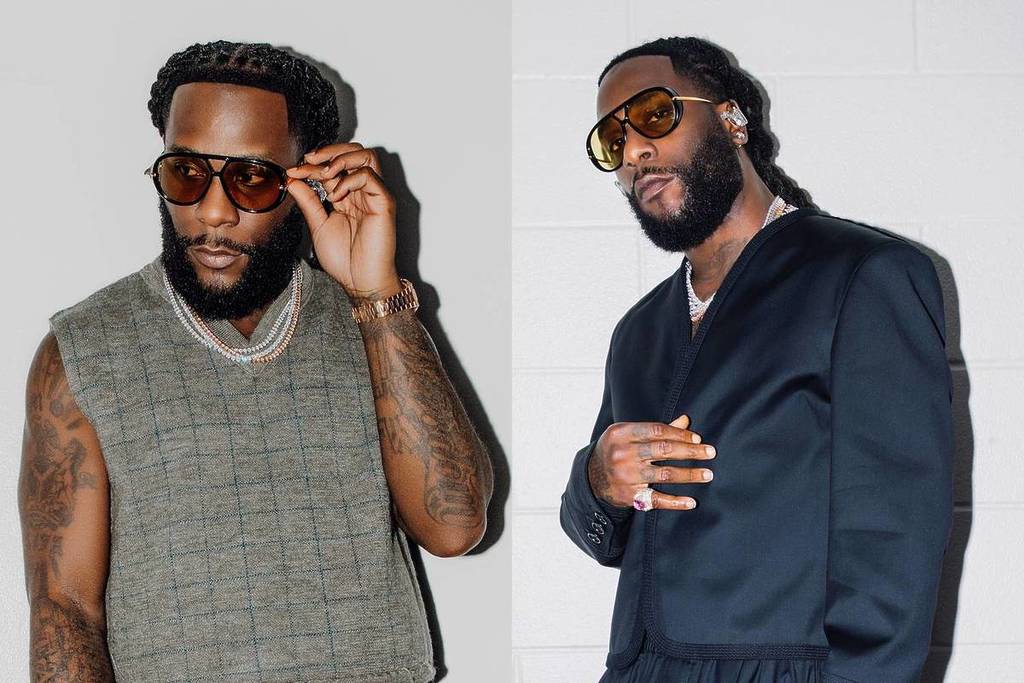 Zwei Studiofotos von Burna Boy mit Sonnenbrille, nebeneinander angeordnet