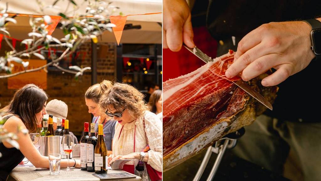 une image en deux parties montrant des gens en train de déguster différents vins à une table et quelqu’un en train de découper du jambon ibérique