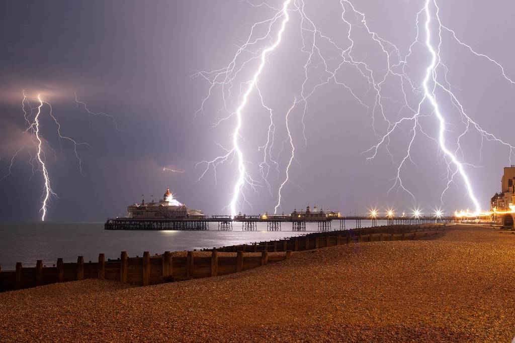 Eastbourne, UK June 19th 2019: A large lightning and thunderstorm struck the town, producing in excess of 1000 strikes an hour.