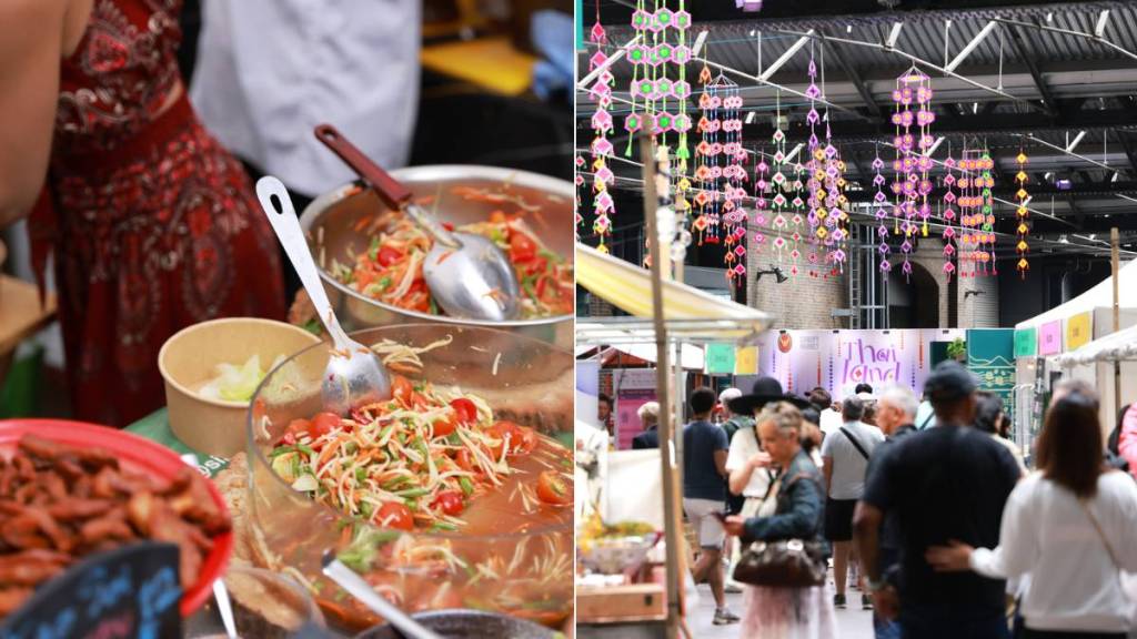 Ein Street-Food-Stand, an dem ein Nudelgericht serviert wird (links) und Menschen, die an den Ständen des Thailand Showcase Festivals vorbeischauen (rechts)