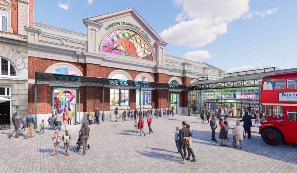 Ein Modellbild davon, wie der neue Eingang des London Transport Museum nach der bevorstehenden Modernisierung aussehen wird