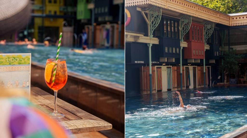 Ein Aperol Spritz auf einem Tisch vor dem Strandbad (links) / Menschen schwimmen im Freibad (rechts)