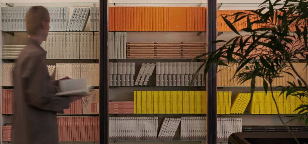 quelqu’un tenant une sélection de livres, passant devant des étagères remplies de livres