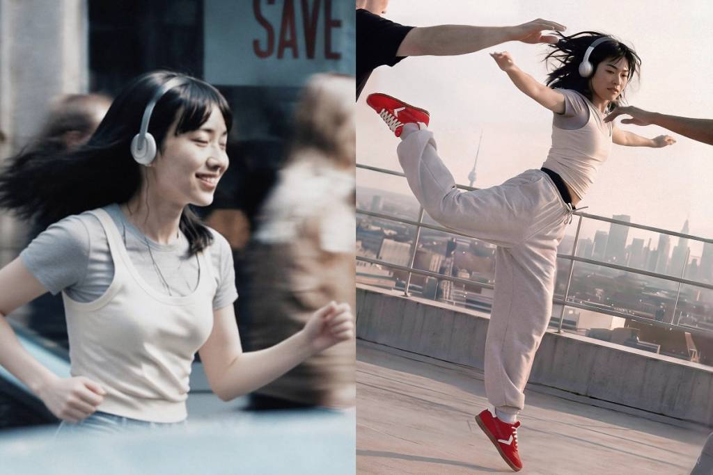 split screen image with woman running in headphones on left and woman dancing on a rooftop on right