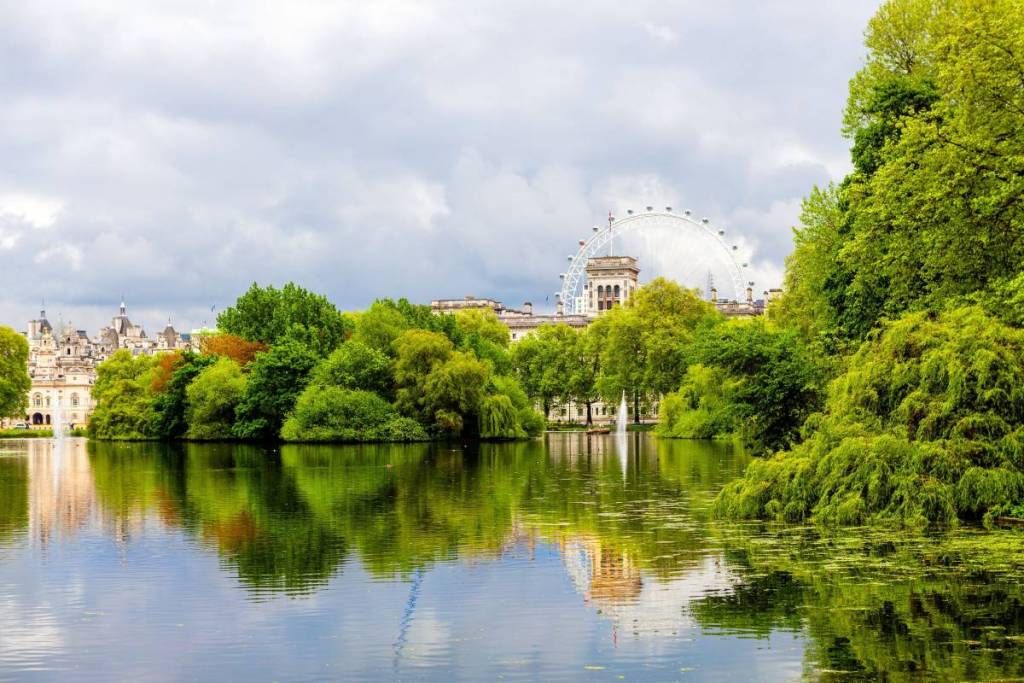 The London Eye peeking out from behind trees surrounding a lake