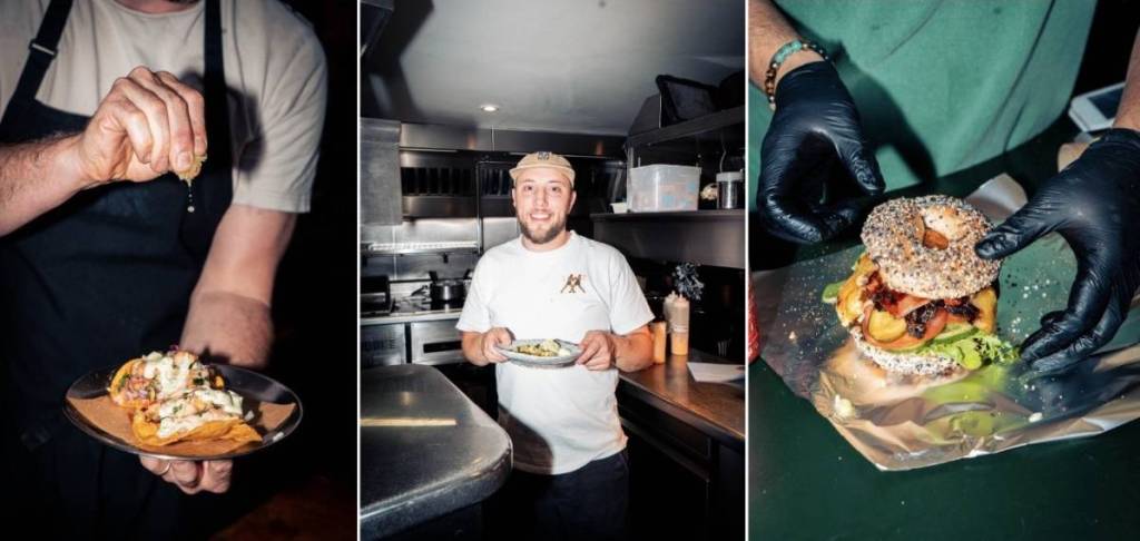 Drei Bilder nebeneinander, die Köche zeigen, die Gerichte anrichten oder in der Küche stehen und einen Teller mit Essen halten