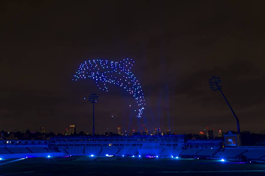 Ein Delfin, geschaffen aus Drohnenlichtern