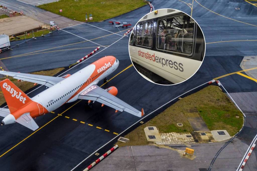 Eine Draufsicht auf ein Flugzeug, das über die Landebahn eines Flughafens rollt, mit einem kreisförmigen Bild des Stansted Express-Zugs