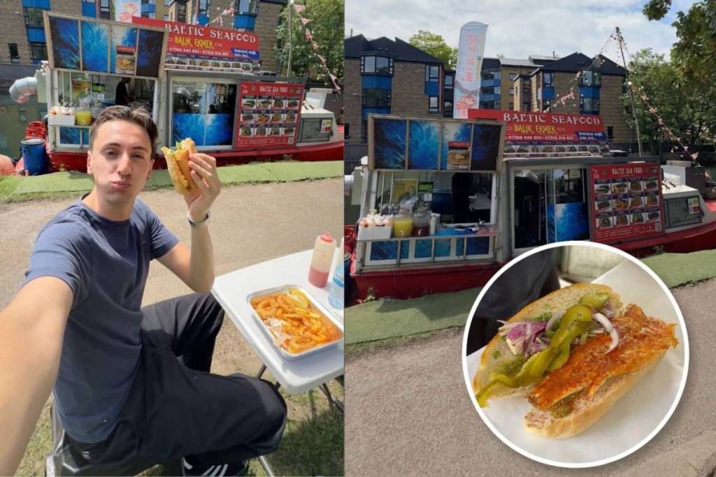 Links ein Bild eines Mannes, der auf einer Bank sitzt und vor einem Boot ein Sandwich isst, rechts ein blaues Boot, das an einem Kanal festgemacht ist, und ein Kreis mit dem Bild eines Fischsandwichs
