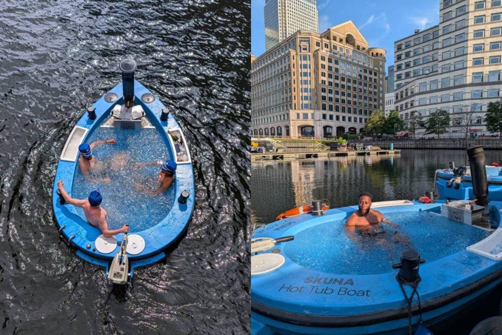 Ein geteiltes Bild, das zwei verschiedene Blickwinkel von Menschen zeigt, die sich in einem schwimmenden, mit Wasser gefüllten Boot abkühlen