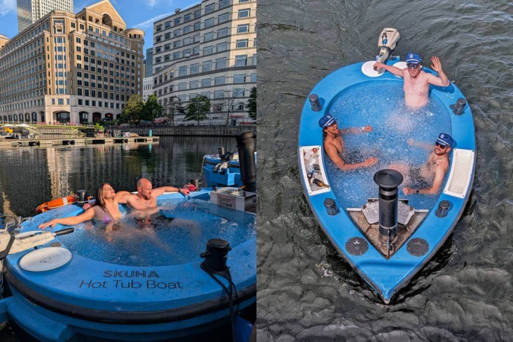 una imagen en pantalla dividida que muestra dos perspectivas diferentes de gente refrescándose en una barca flotante llena de agua