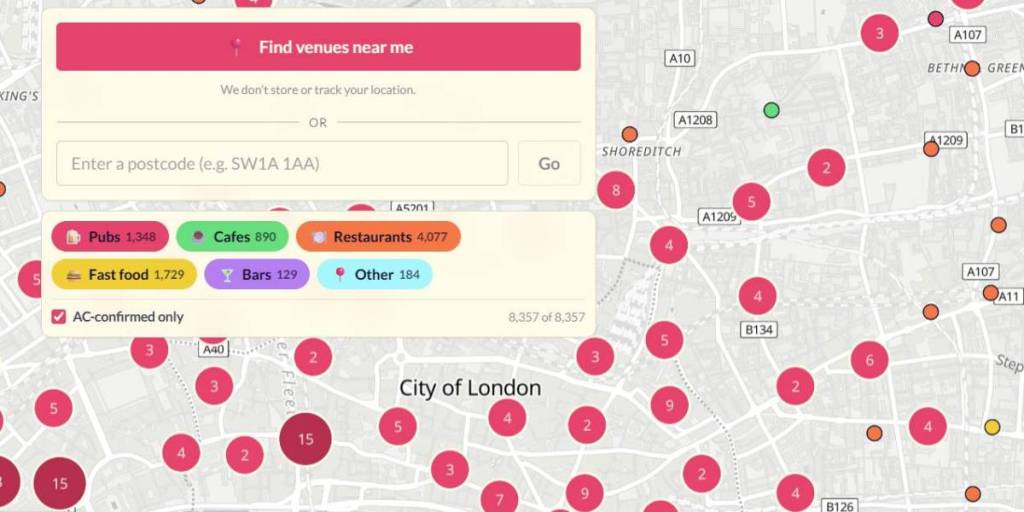 une carte avec des points indiquant les endroits où tu peux trouver un lieu climatisé à Londres