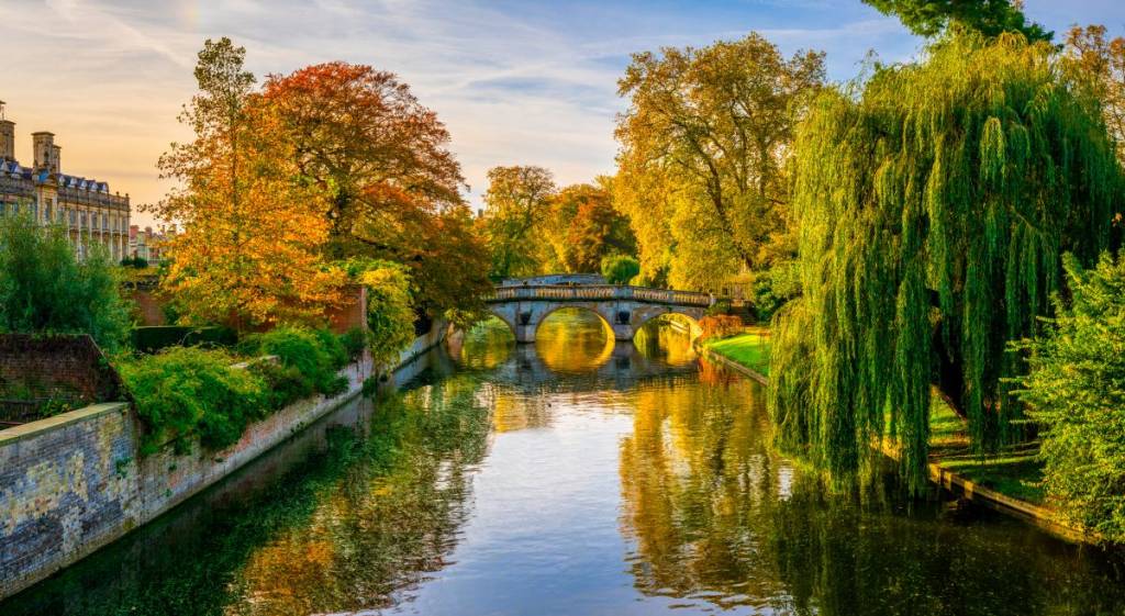 Un ponte storico che attraversa il fiume Cam, circondato da alberi e verde