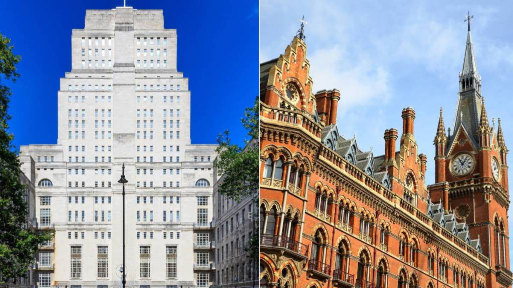 Das Äußere des Senate House (links), der Uhrturm von St. Pancras (rechts)