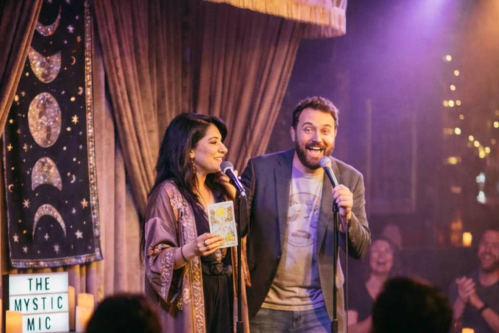 A comedian and tarot card reader on stage at Twisted Tarot