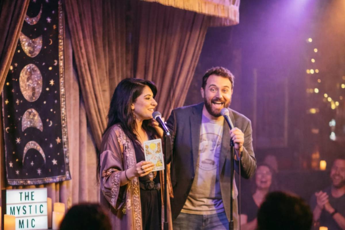 Diese originelle Comedy-Show in London bringt einen scharfzüngigen Komiker und einen echten Tarot-Leser auf die Bühne – und lässt das Publikum am Spaß teilhaben Diese originelle Comedy-Show in London bringt einen scharfzüngigen Komiker und einen echten Tarot-Leser auf die Bühne – und lässt das Publikum am Spaß teilhaben