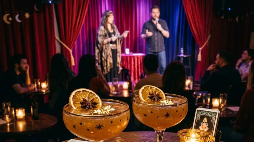 A tarot card reader and comedian on stage in the background with two orange cocktails in the front