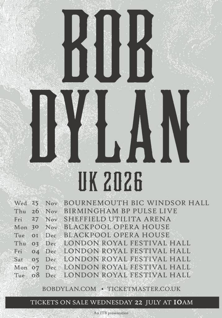 Bob-Dylan-Tourplakat für seine Konzerte in Großbritannien im Dezember 2026