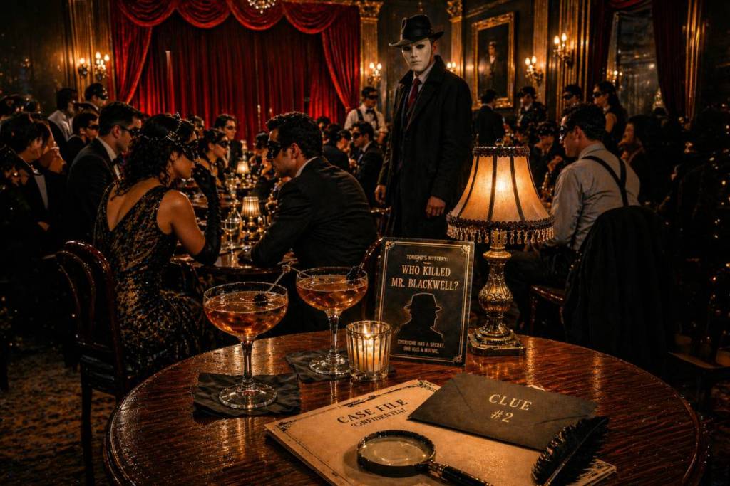 Ospiti mascherati che sorseggiano cocktail mentre il detective osserva la scena del delitto nel giallo “Murder on the Rocks”