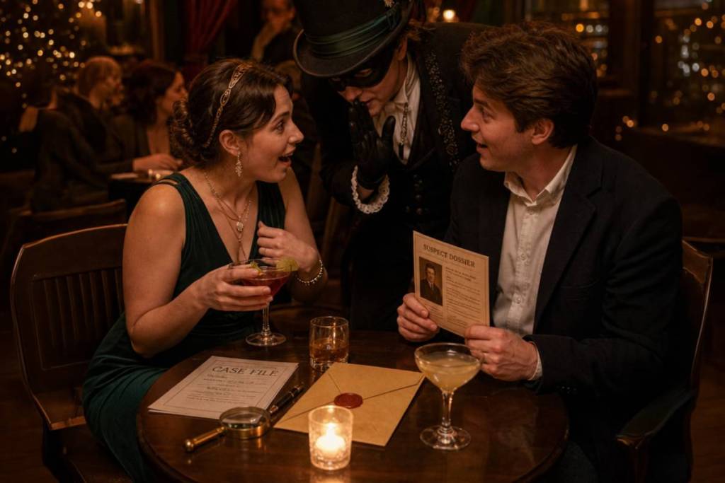 Due ospiti che parlano con il detective a Murder on the Rocks