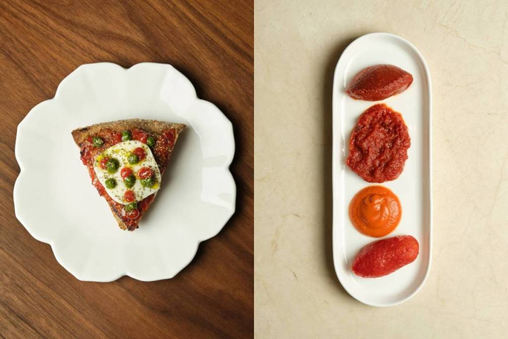 Ein Bild im Split-Screen-Format, das ein sorgfältig angerichtetes Stück Pizza und einen Teller mit vier Klecksen Tomatensoße zeigt