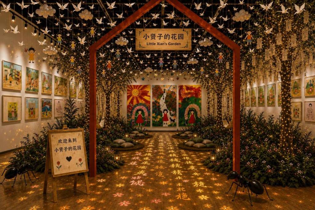 a digital rendering of inside an exhibition with paintings on the wall and a setting depicting a magical woodland scene and a sign saying 'Little Xian's Garden'