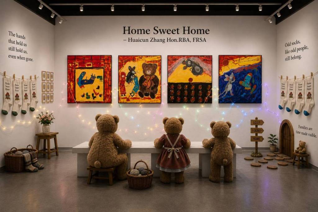 a digital rendering of three teddy bears looking at a wall featuring four images of socks and bears, under the title 'Home Sweet Home'