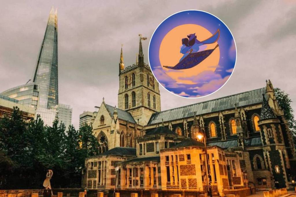 A Catedral de Southwark ao lado do The Shard, em Londres, e o Aladino e a Jasmine a voar num tapete mágico no filme «Aladino» da Disney