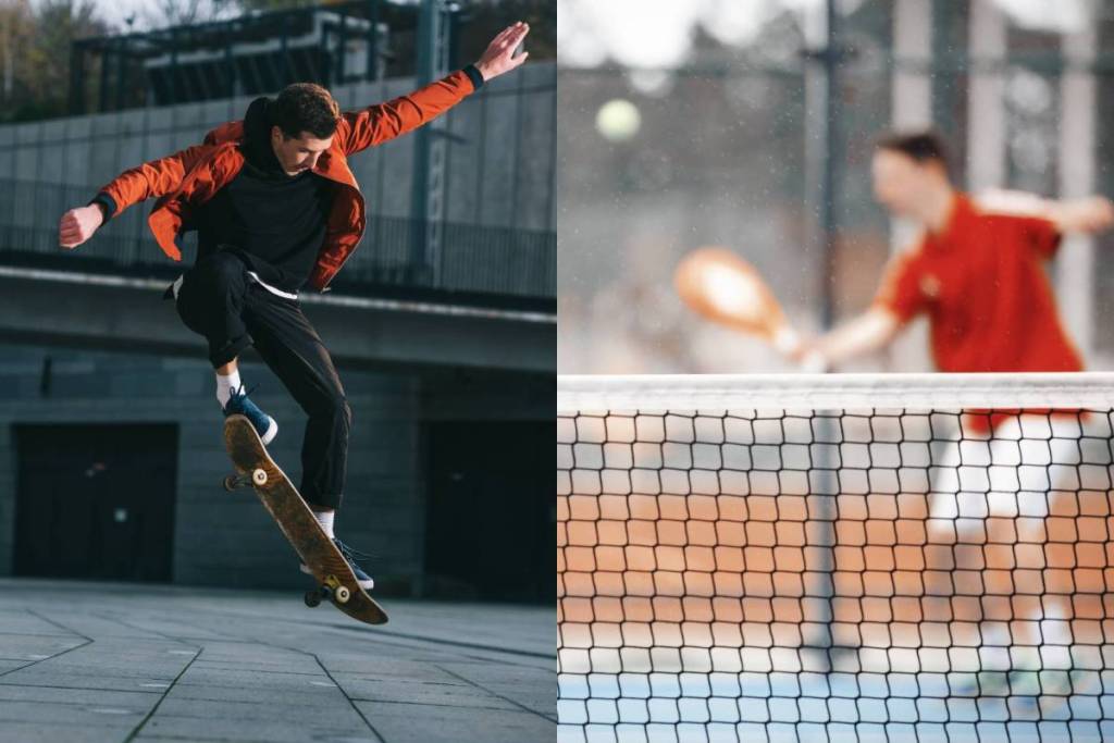 ein geteiltes Bild, das einen Skateboarder in der Luft mitten im Trick zeigt, und eine unscharfe Aufnahme eines Padel-Spielers, der gerade dabei ist, den Ball zu schlagen