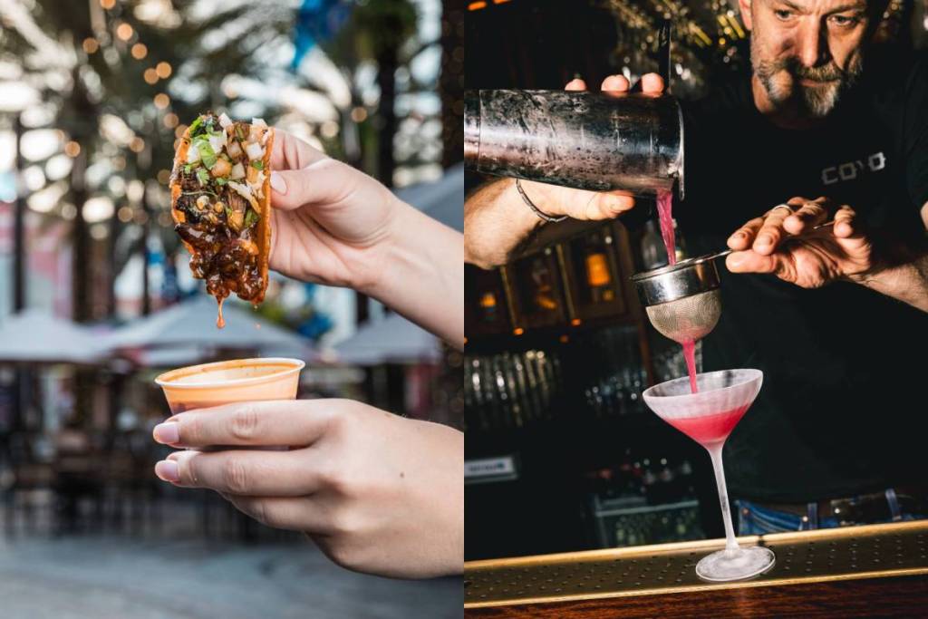 Ein Bild mit geteiltem Bildschirm zeigt einen Birria-Taco, aus dem Saft tropft, und einen Barkeeper, der ein leuchtend rosa Getränk in ein Glas gießt