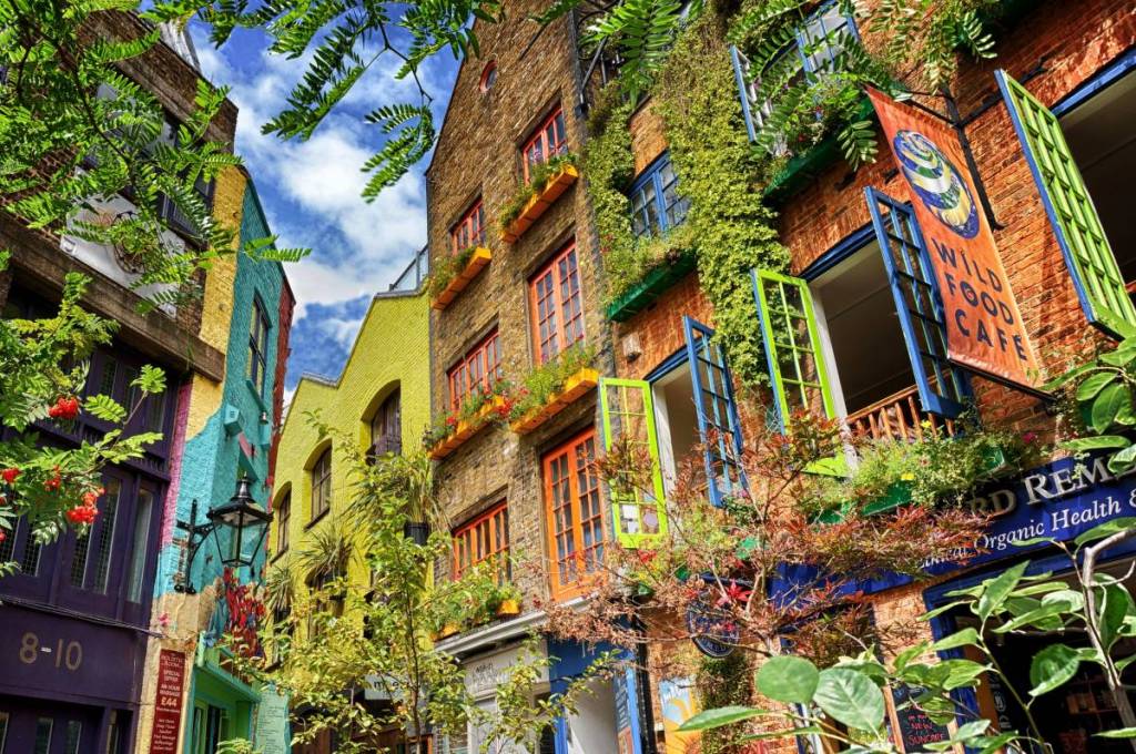 Colourful buildings with colourful window frames in Neal's Yard