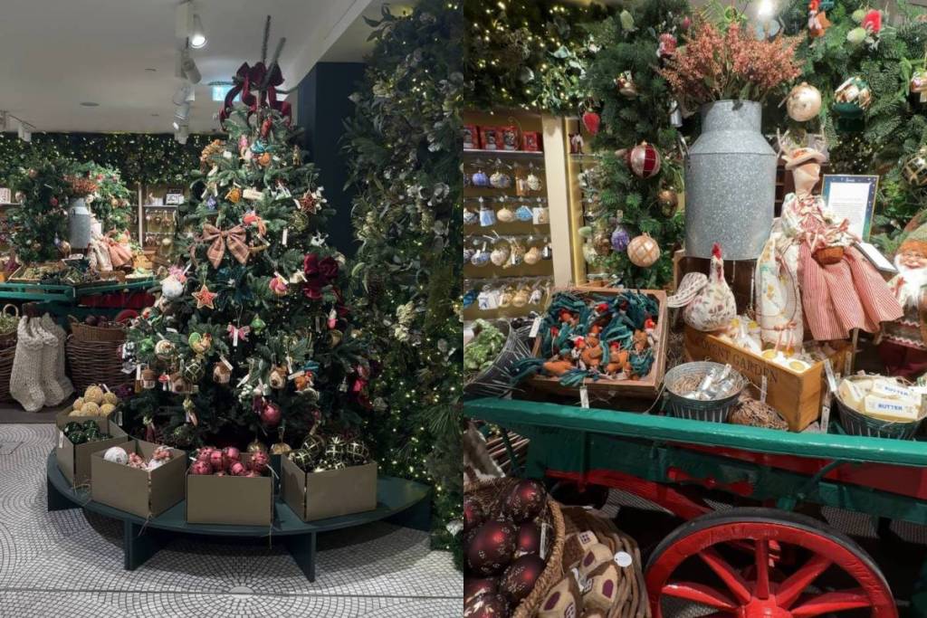 una imagen en pantalla dividida que muestra un árbol de Navidad decorado en la tienda navideña de Harrods y una selección de adornos navideños
