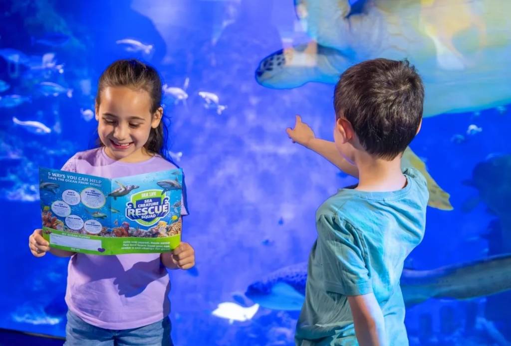 twee kinderen op het Sea Life Rescue Squad-parcours met brochures, terwijl ze naar een schildpad in het aquarium wijzen