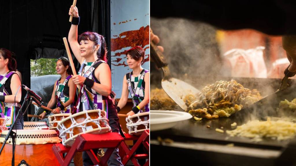Bron: een live drumoptreden op het Japan Matsuri-festival (links) / dampend straatvoedsel dat wordt geserveerd (rechts)