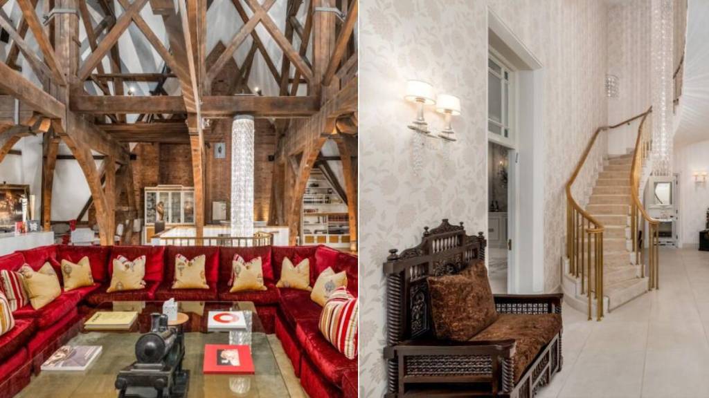 a u-shpaed red sofa in a living room with Victorian beams across the ceiling (left) / a fancy-looking char and a staircase in a hallway (right)