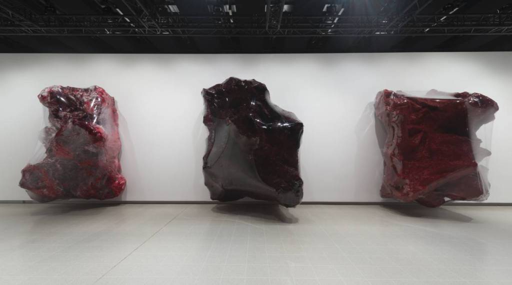 drie vreemde, donkerrode en zwarte sculpturen die eruitzien alsof ze zich een weg naar buiten duwen uit de spierwitte muren