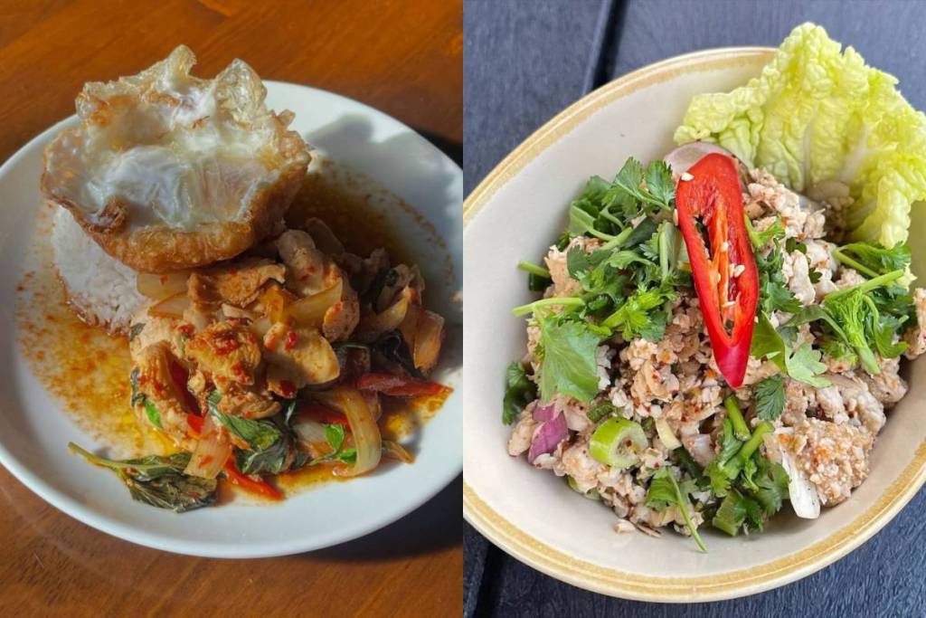 une image en écran partagé montrant deux assiettes différentes de sautés thaïlandais