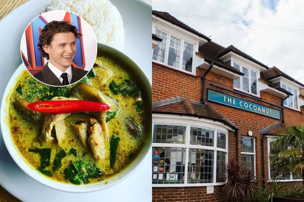 une image en écran partagé montrant un bol de curry vert thaï et la façade d’un pub appelé « The Cocoanut », sur laquelle est superposée une petite image circulaire de Tom Holland