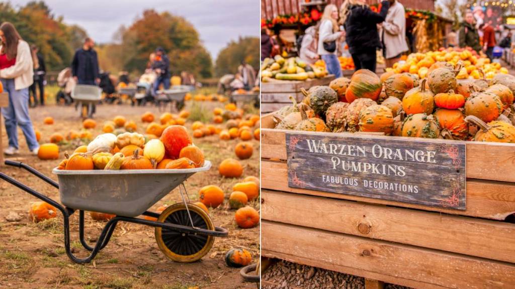 a split image of people picking pumpkins (left) and a wooden crate full of pumpkins (right)