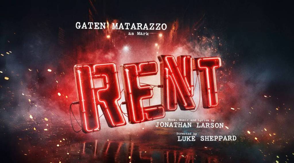manifesto testuale per il musical RENT con scritte al neon dai colori vivaci