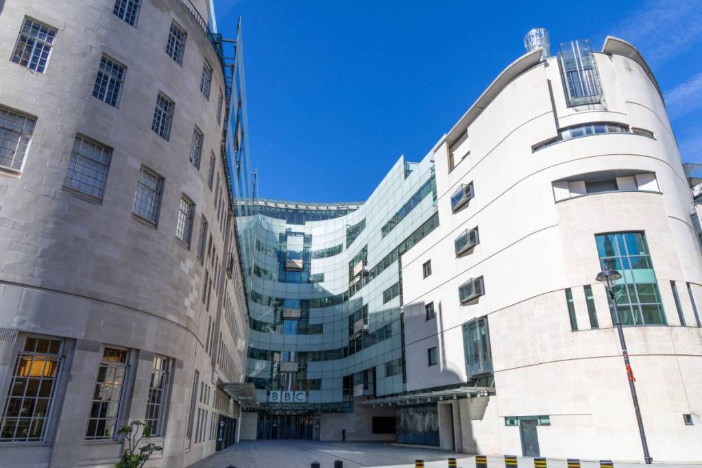 The front of the BBC broadcasting house in London - a building made of white portland stone