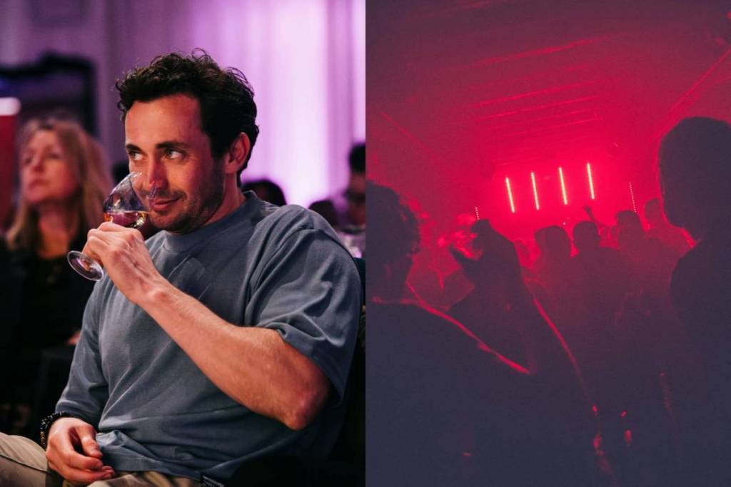 Un homme sirotant son vin lors d’un « An Idiot’s Guide to Wine » et des fêtards sous un éclairage rouge dans une boîte de nuit