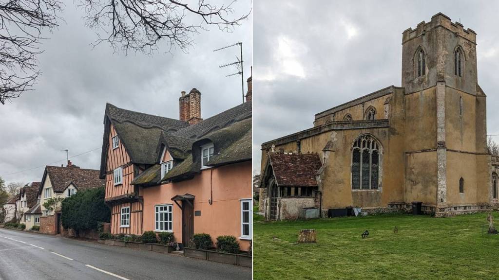 a split image of a thatched house in Chelseworth (left) and a small 13th century church in Chelsworth (right)
