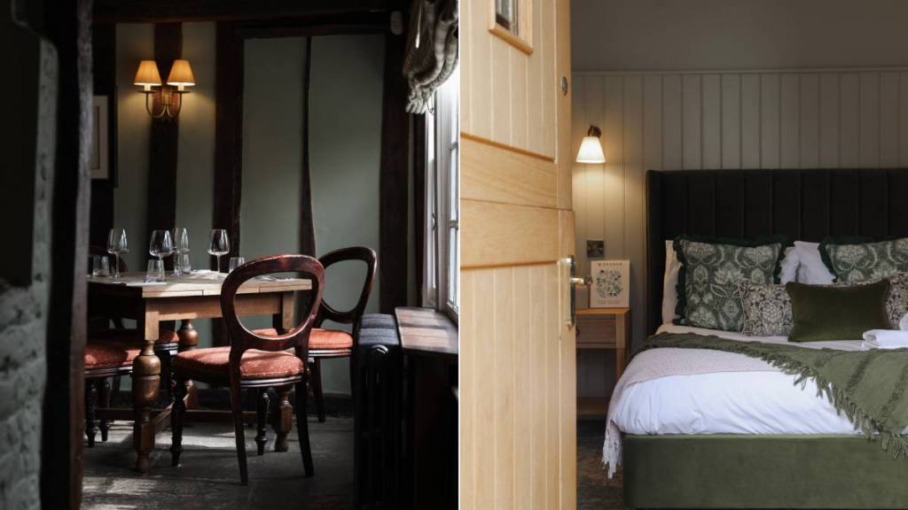 a laid table inside a pub dining room (left) / a bed inside a cosy room of a countryside inn (right)