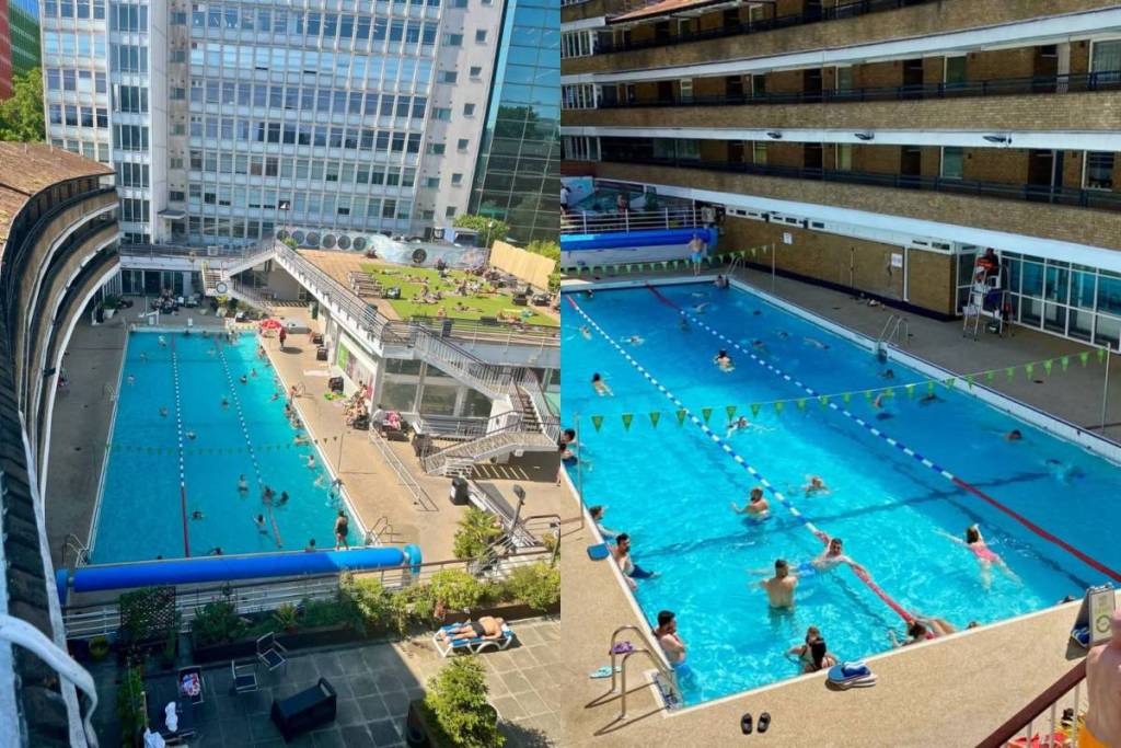une image en écran partagé montrant, sous deux angles différents, des gens en train de nager et de profiter de l’eau et du soleil au Lido de l’Oasis Sports Centre – une piscine bleue en plein air au cœur de Londres