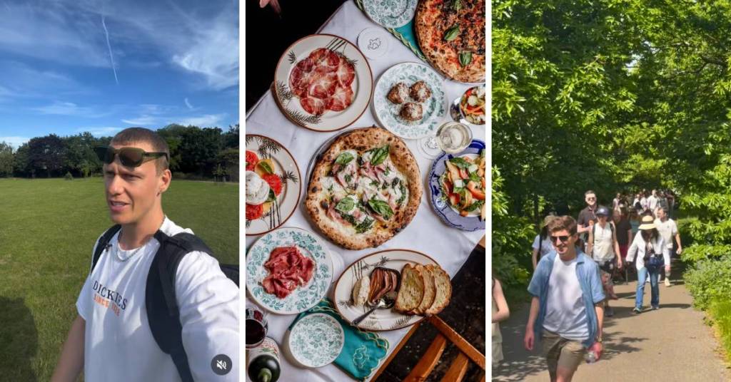 une image divisée en trois parties montrant quelqu’un en train de marcher, une table couverte de pâtes, de pizzas et d’autres plats, et un groupe de personnes se promenant dans la nature
