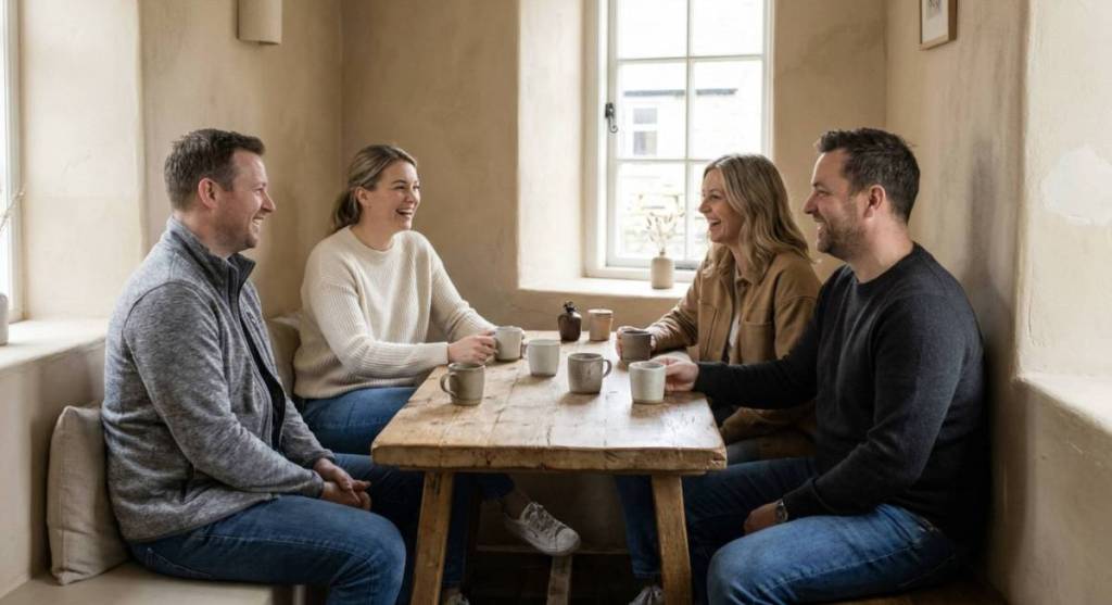 A group of people sitting at a cafe table talking and laughing