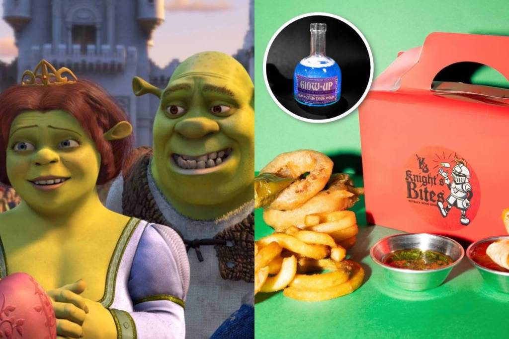 Links een collage van een scène uit Shrek 2 en rechts een foto van een van de gerechten die worden geserveerd tijdens de Shrek 2 Taste Film-voorstellingen. Een foto van het ‘toverdrankje’ dat tijdens de voorstelling wordt geserveerd, zweeft naast het eten in een ronde lijst