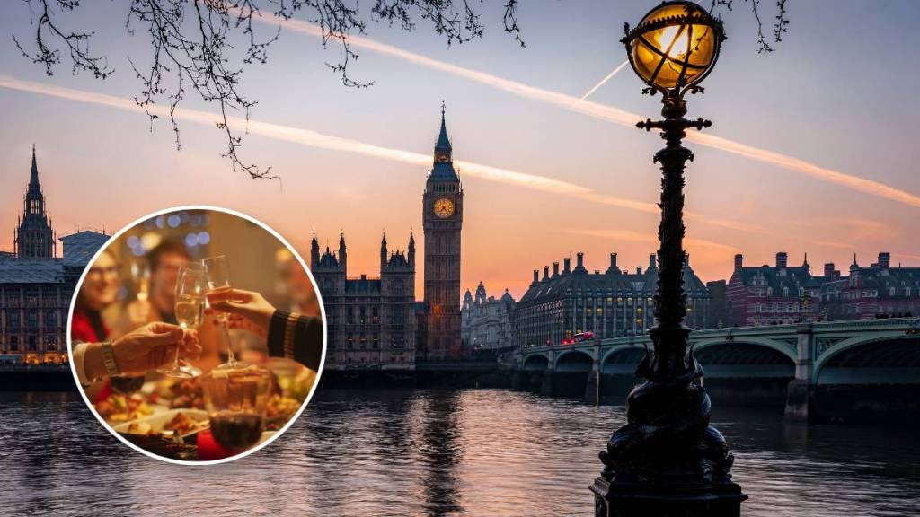 Big Ben at sunset with a circular overlay of people cheersing champagne at Christmas