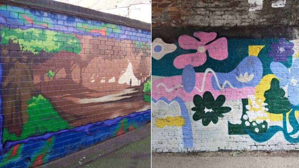 Un’immagine che mette a confronto due opere di arte di strada dipinte su un muro